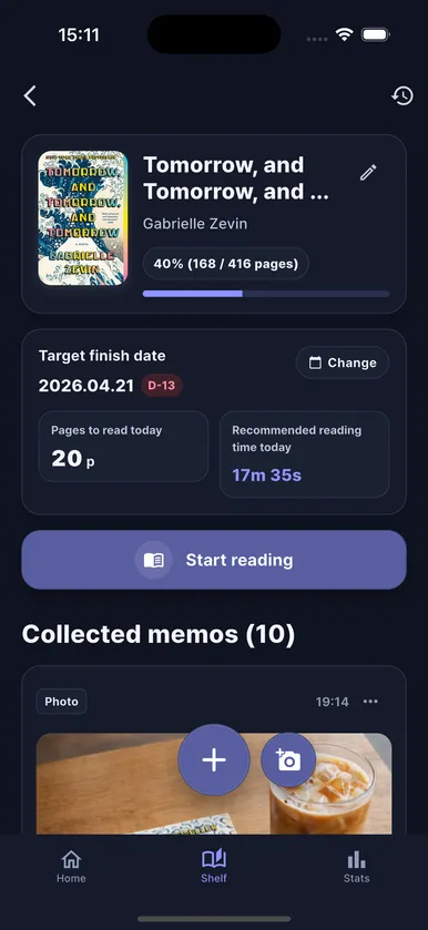 PageMate book detail screen with today’s target pages and reading time.