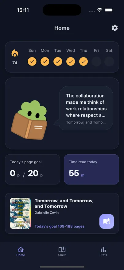 PageMate home screen showing today’s reading target and reading time.