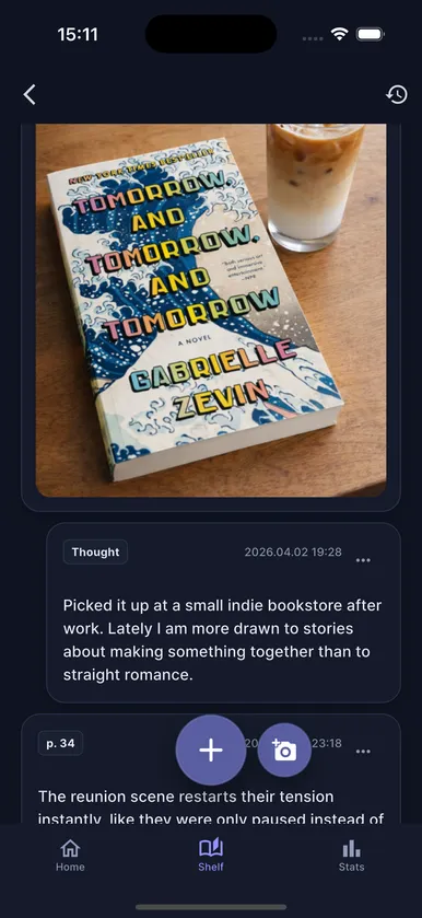 PageMate memo screen with saved book photo notes and thoughts.