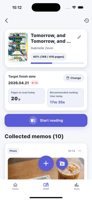 PageMate book detail screen with today’s target pages and reading time.