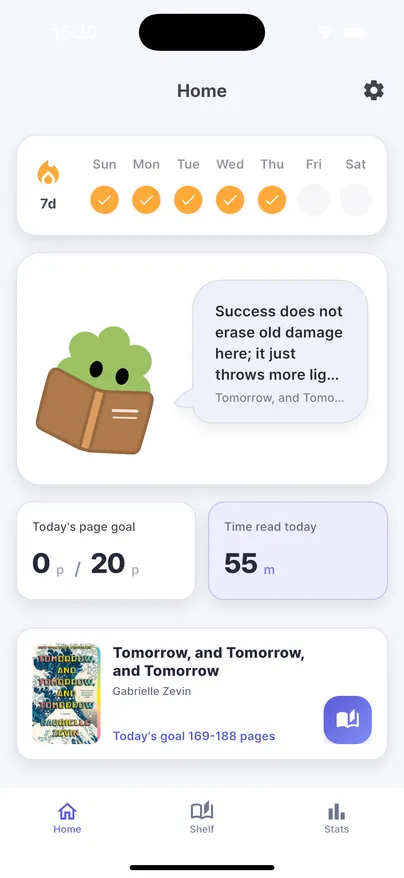 PageMate home screen showing today’s reading target and reading time.