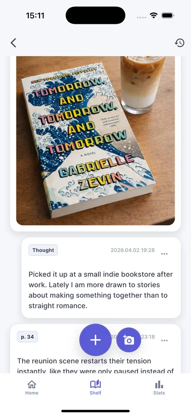 PageMate memo screen with saved book photo notes and thoughts.